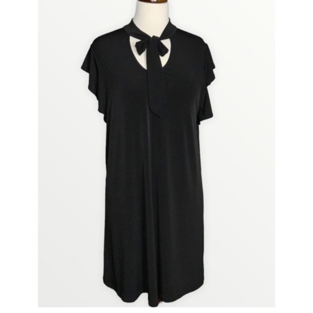 Chetta B Black Knit Short Ruffle Sleeve Tie Neckline Shift Stretchy Dress Large